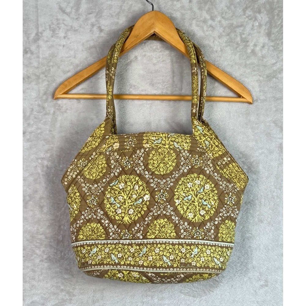 Vera Bradley Sitiin in a Tree Purse Quilted Tote Bag Brown Green Bird Angled